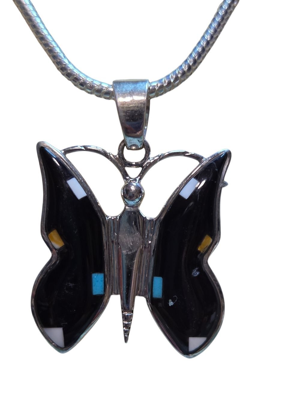 Sterling Silver Butterfly Jet Turquoise Mosaic Inlay Pendant